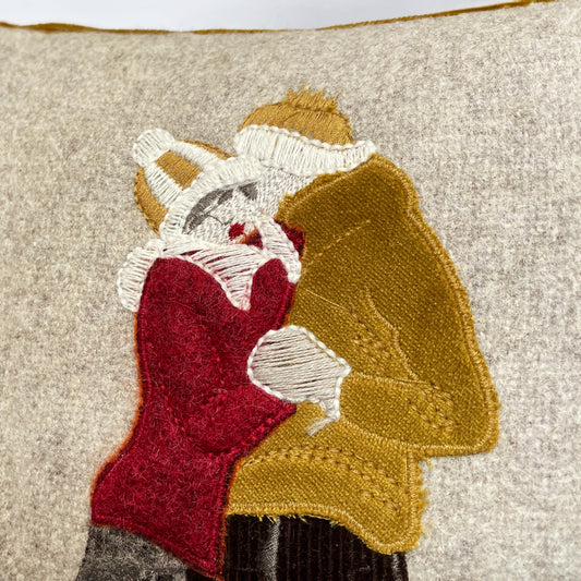 Melange wool cushion with fir embroidery