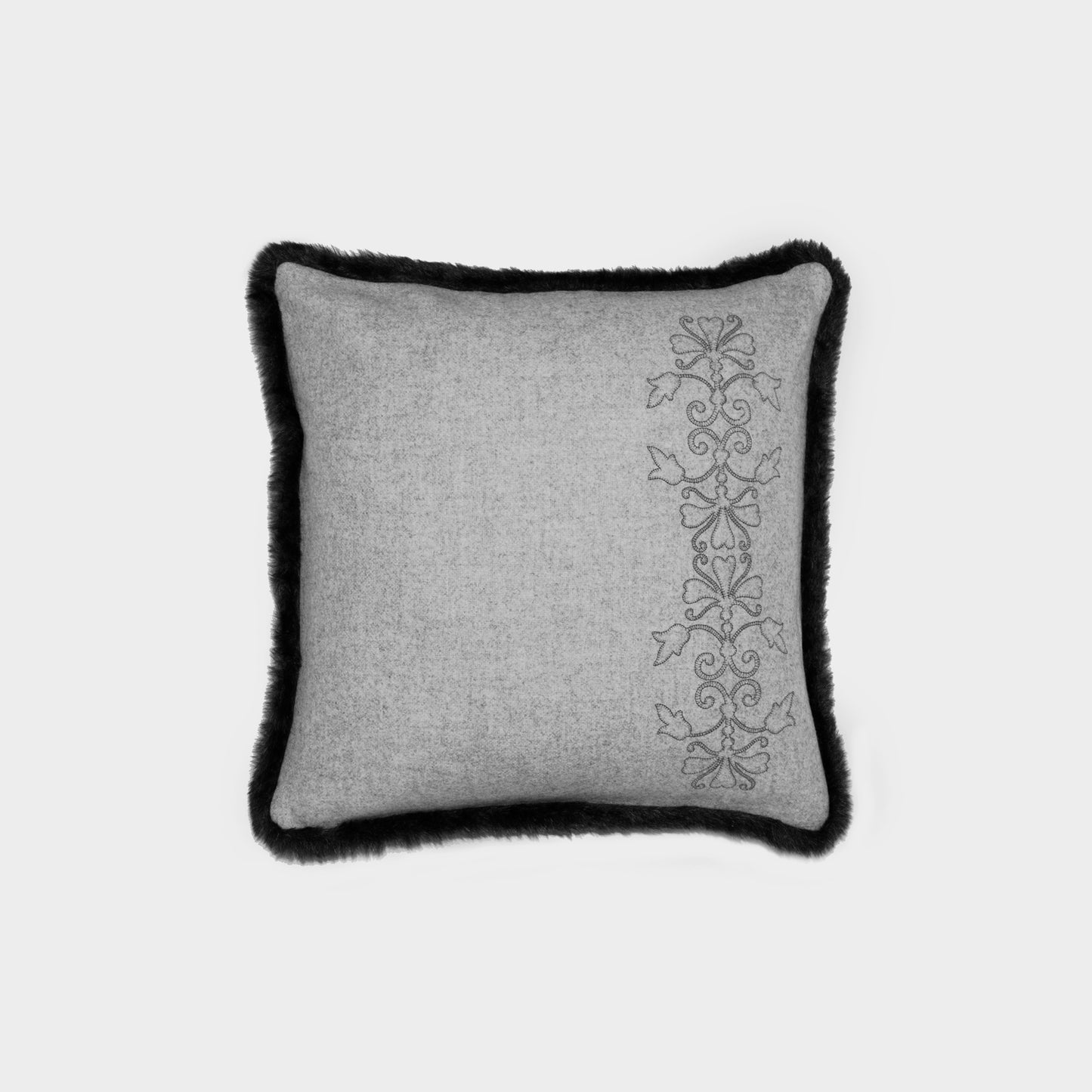 Melange wool cushion with embroidery and eco fur