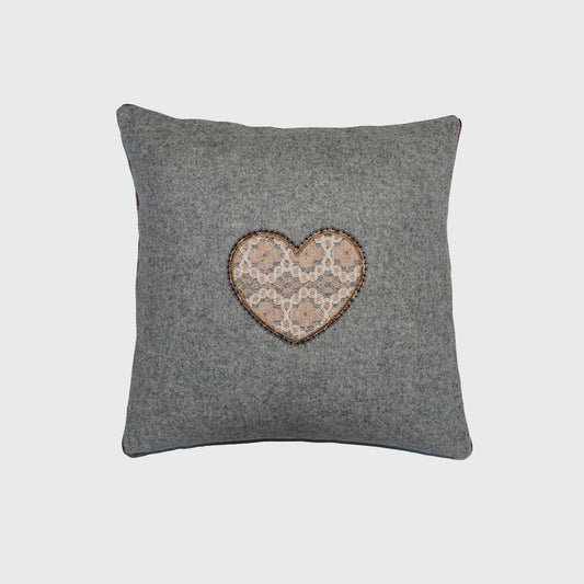 Melange wool cushion with heart lace embroidery