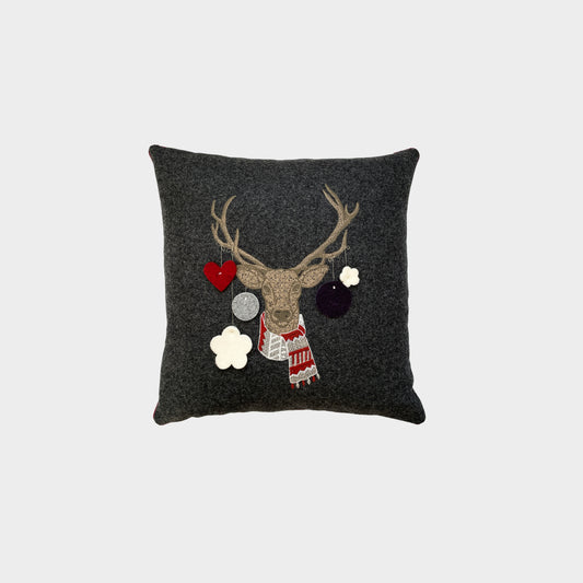 Melange wool cushion with cheerful deer embroidery